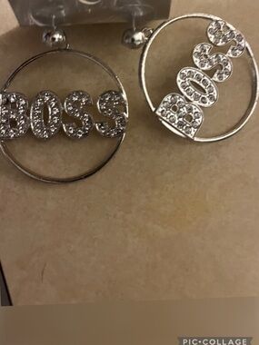 BOSS Silver Crystal Logo Circle Drop Earrings